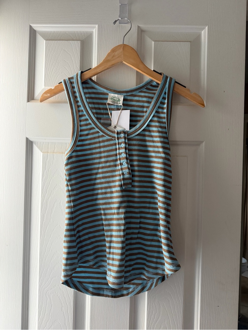 Ribbed Striped Henley Tank Top - Blue and Olive Green